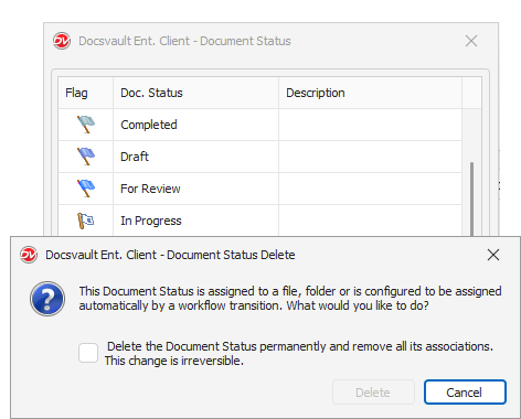 Document Status Delete Confirmation