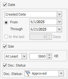 Setting Date, Size & Doc Status Criteria
