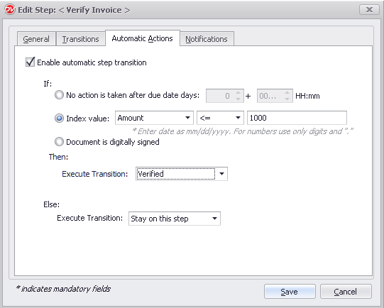 Docsvault workflow automation — configuring automatic actions to execute transactions based on document index values 