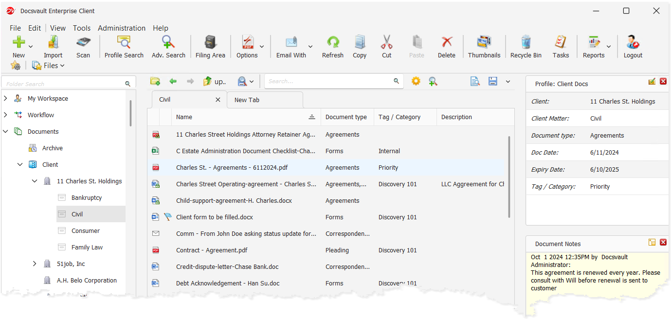 Docsvault Interface for Legal Firm