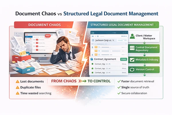 Diagram showing document chaos vs structured legal document management in law firms