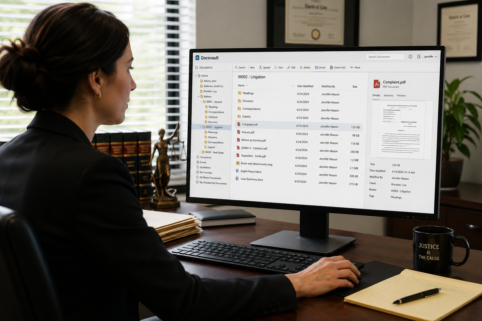 Attorney using legal document management software to organize client and matter files