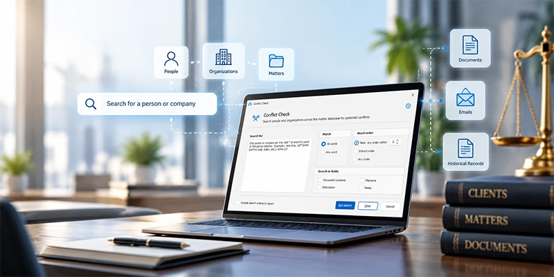 Legal conflict check dashboard for searching people and organizations across matters, documents, emails, and historical records
