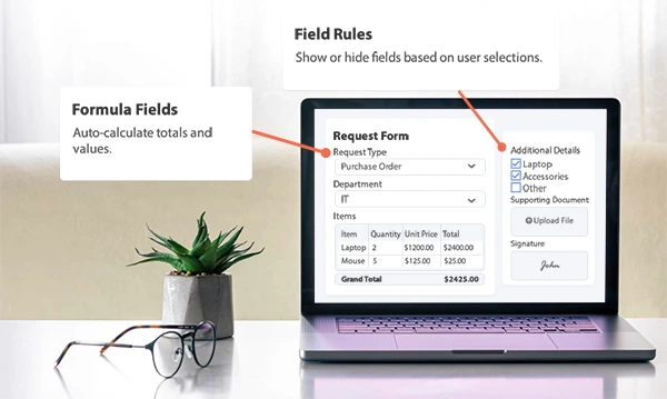 Web eForms with automated formula fields and conditional field rules displayed on a laptop.