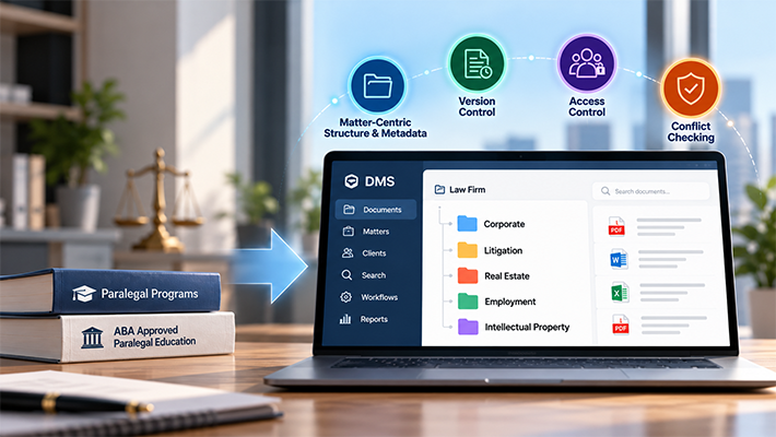 Illustration of a legal document management system organizing documents by practice area, with matter-centric folders, metadata, version control, access control, and conflict checking.